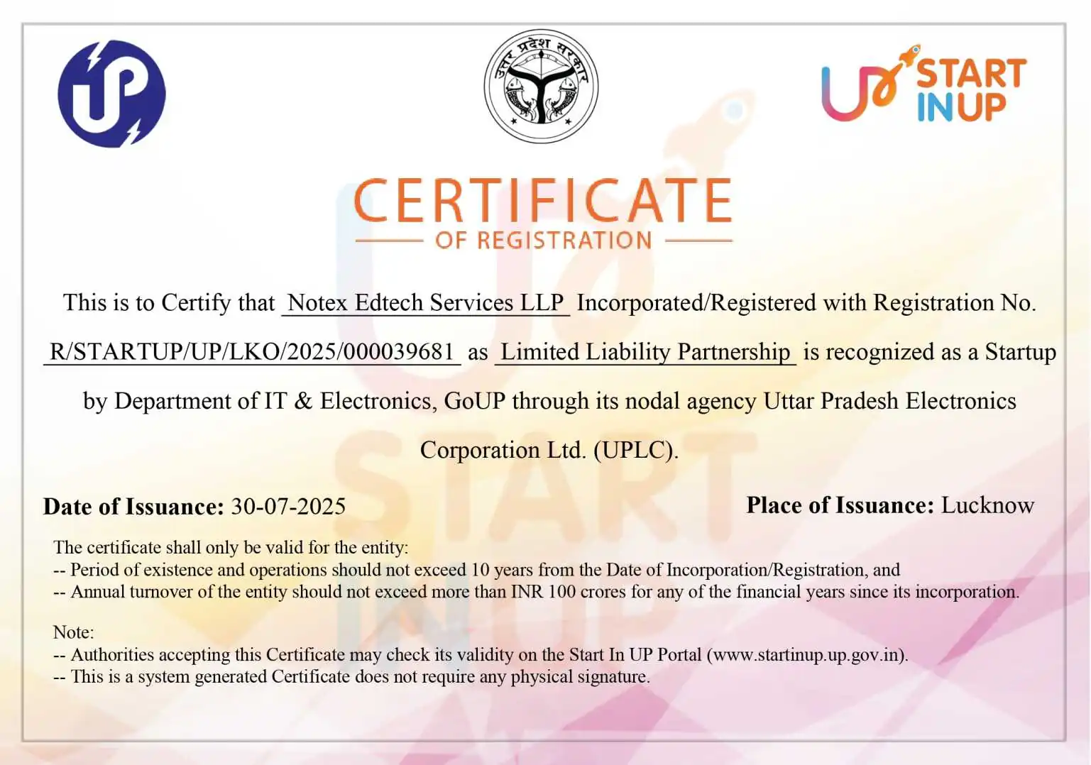 Startin UP Registration Certificate — Notex Edtech Services LLP