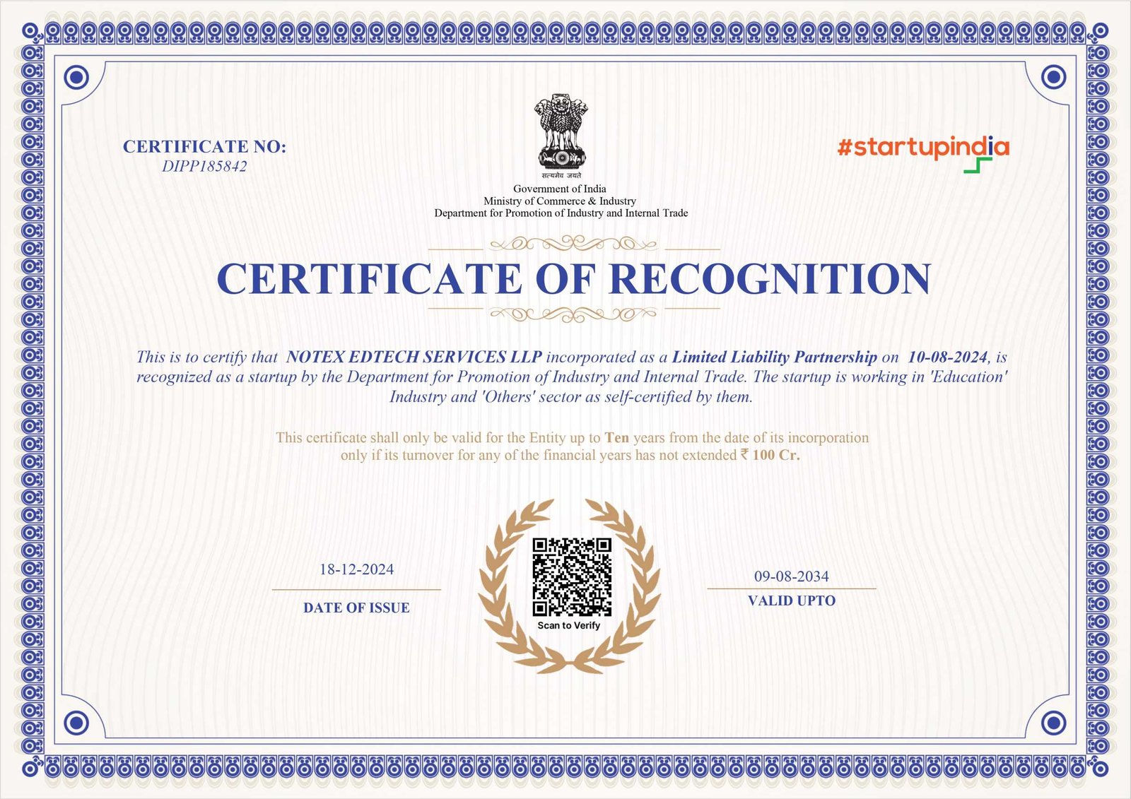 Startup India DPIIT Recognition Certificate — Notex Edtech Services LLP