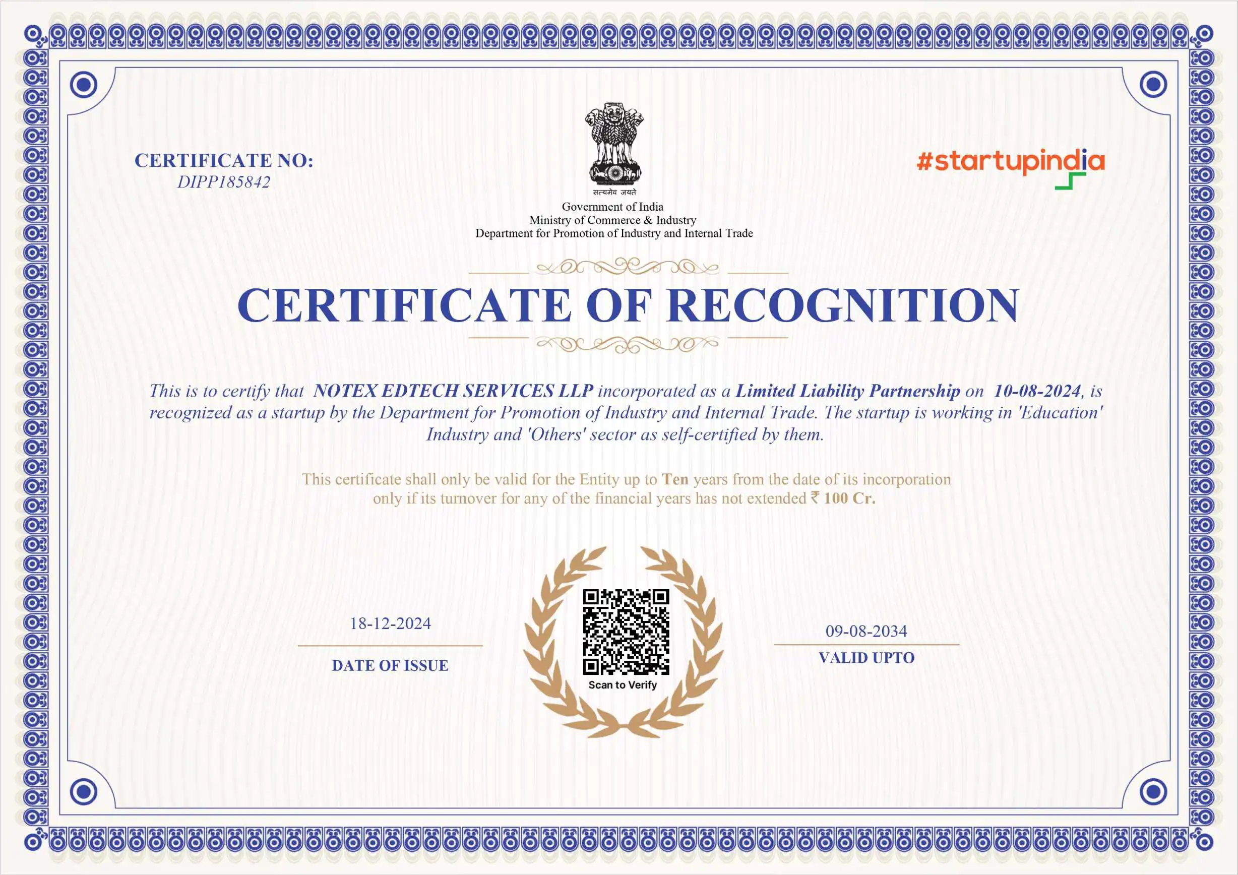 Startup India DPIIT Recognition Certificate — Notex Edtech Services LLP